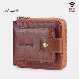 MEN - מוצרים לגבר ארנקים לגבר Men Genuine Leather RFID Blocking Wallet Vintage Organizer Zipper Wallet