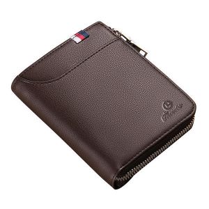 MEN - מוצרים לגבר ארנקים לגבר Men Black Coffee Zipper Leather Wallet Card Holder Coin Bag with External Card Slot