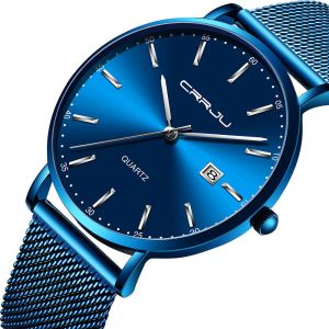 MEN - מוצרים לגבר שעונים לגבר CRRJU 2161 Business Style Date Display Luxury Blue Dial Full Steel Strap Men Quartz Watch