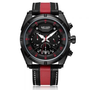 MEN - מוצרים לגבר שעונים לגבר MEGIR 2076 Men Multifunction Chronograph Fashion Leather 3 Dials Date Luminous Display Quartz Watch 