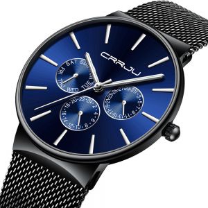 MEN - מוצרים לגבר שעונים לגבר CRRJU 2155 Men Sapphire Blue Three Small Dial Calendar Fashion Steel Strap Casual Quartz Watch