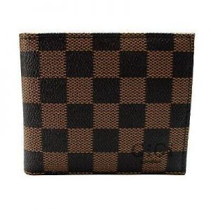 Chess Checked Grain Wallet Brown Bifold ID Credit Card Holder faux Leather Mens