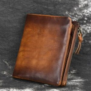 Cowhide Leather Mens Billfold Wallet RFID Blocking Card Holder Zipper Coin Purse