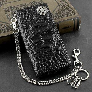 Mens Genuine Biker Leather Wallet Purse With Safe Pants Chain