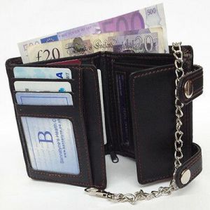 BLACK MENS GENTS TOP QUALITY LEATHER CARD NOTES ZIP WALLET PURSE WITH CHAIN UK