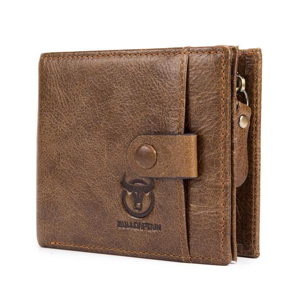 MEN - מוצרים לגבר ארנקים לגבר Bullcaptain Men Cowhide Retro 9 Card Photo Slots Zipper Coin Bag Long Purse Short Wallet