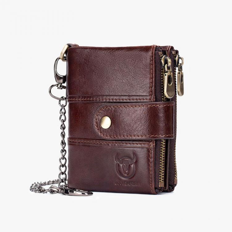 MEN - מוצרים לגבר ארנקים לגבר Bullcaptain Men Genuine Leather Vintage RFID Blocking Foldable Anti-Theft Chain Walllet Card Holder