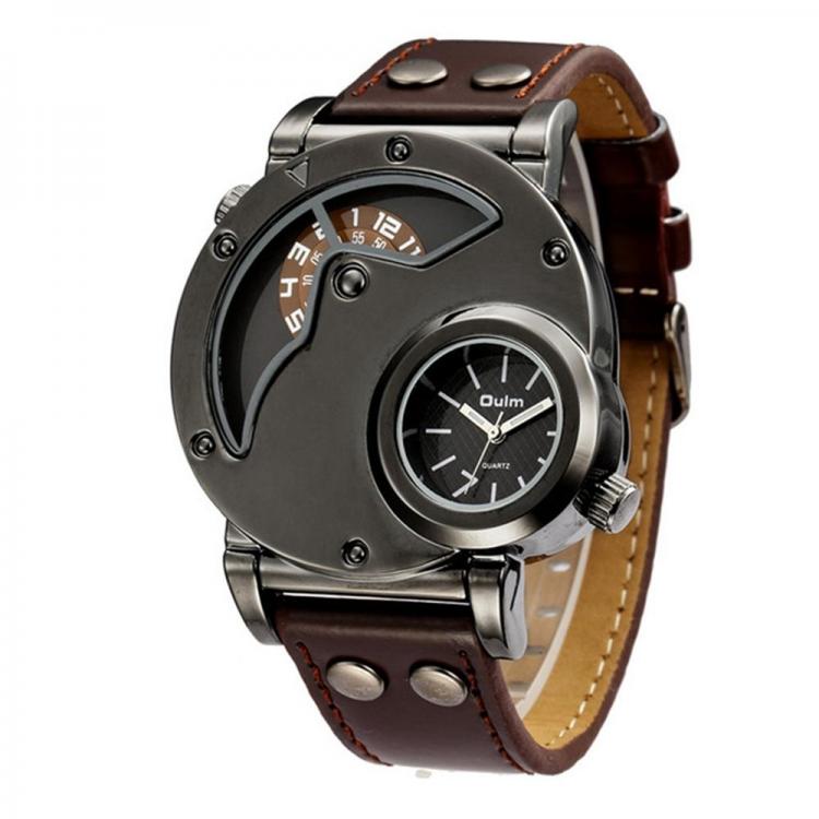 MEN - מוצרים לגבר שעונים לגבר OULM 9591 Casual Style Creative Wrist Watch Dual Time Zones Leather Strap Quartz Watches